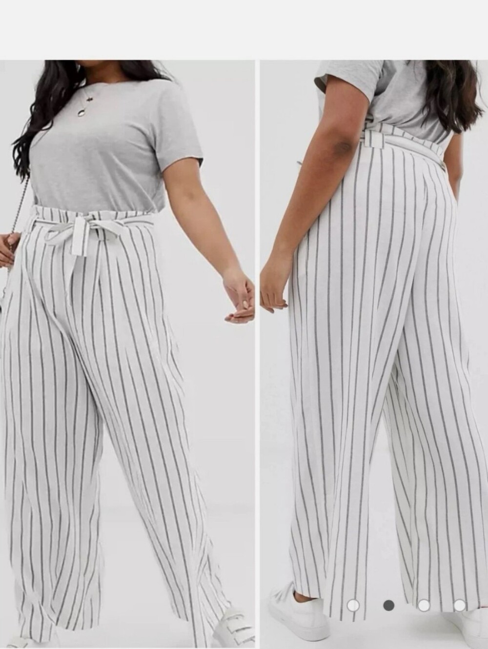 ASOS NWT White Wide-Leg Linen Blend Paperbag Waist Pants Black Stripes Size 16